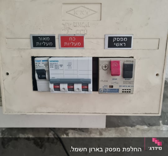 לוח חשמל עם מפסקים וכיתובים בעברית